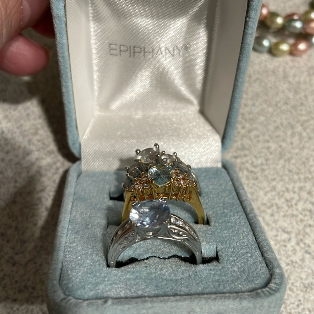 Epiphany QVC 3 rings on the box Dominique diamonds,and  blue stones size 8 & 9